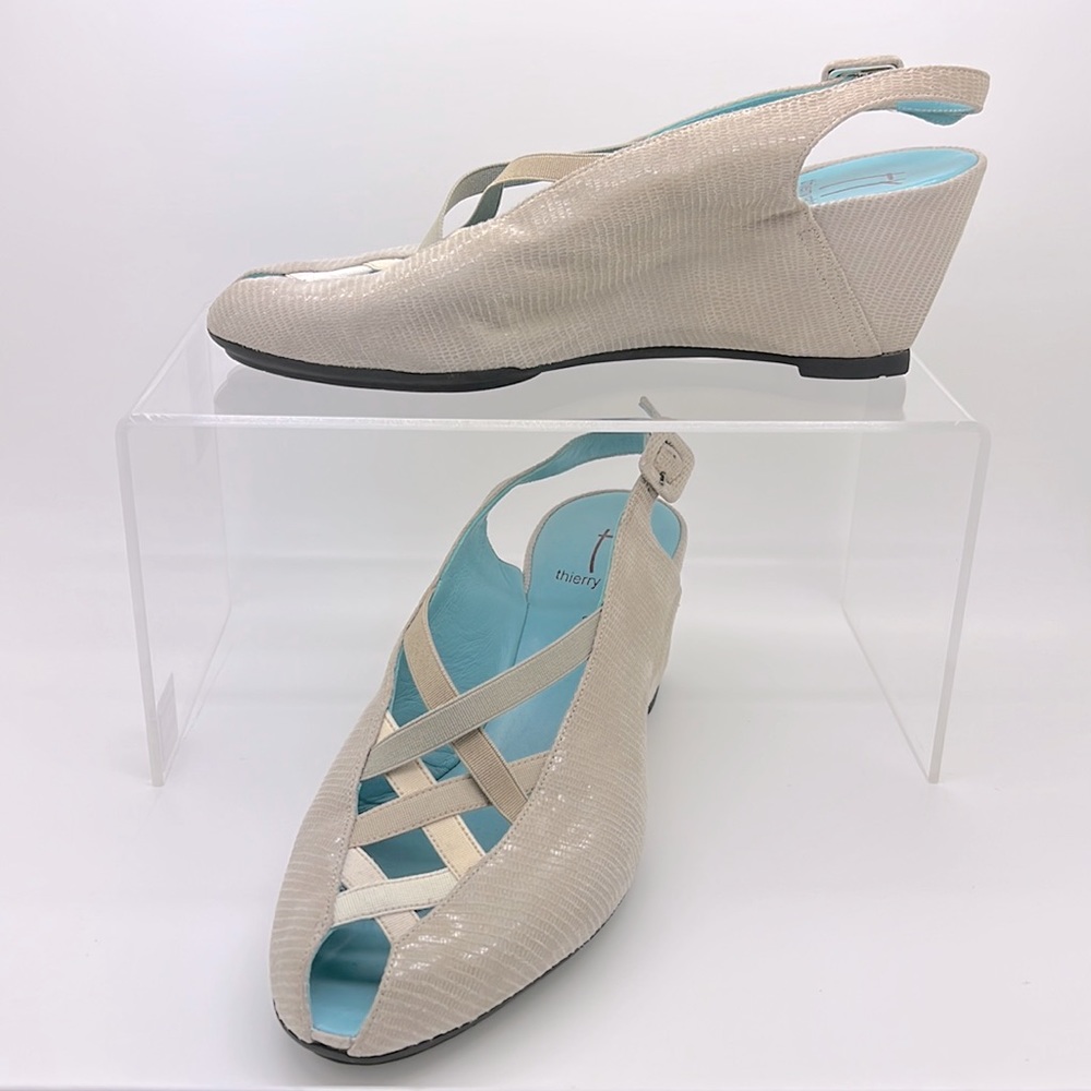 Thierry Rabotin Beige Criss Cross low heel wedge sling back Sandals 38 or 7.5